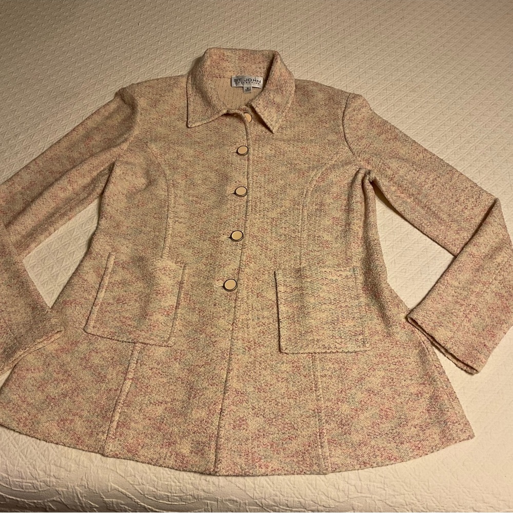 St. John Collection Size 16 Button Front Jacket Santana Knit Cream & Pink